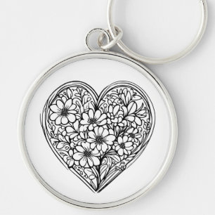 black and white flower heart keychain