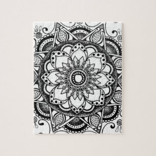 Black and White Flower Mandala Art Jigsaw Puzzle