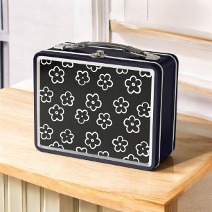 Black and White Flower Pattern Metal Lunch Box