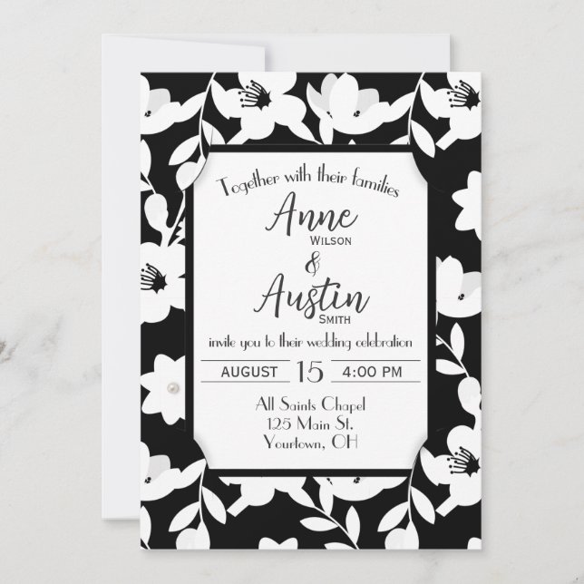 Black and White Flower Wedding  Invitation (Front)