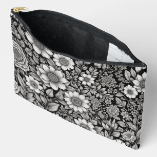 Black and white flowers and leaves accessory pouch