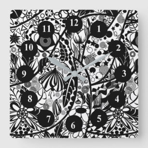 Black and White Flowers and Leaves - Drawing Art   Square Wall Clock