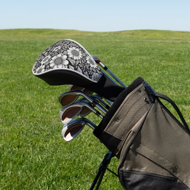 Black and white flowers and leaves golf head cover (In Situ)