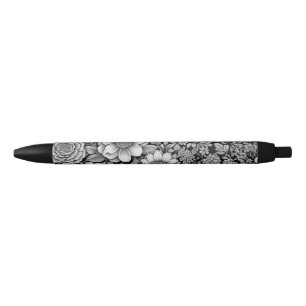 Black and white flowers and leaves ink pen