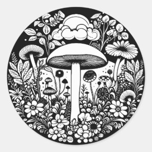 Black and White Flowers and Mushrooms Vintage Classic Round Sticker