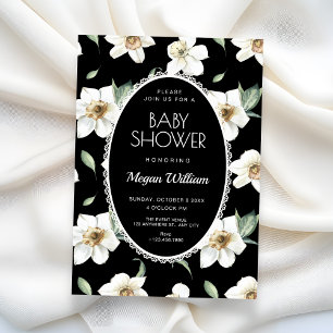 Black and white flowers baby shower invitation