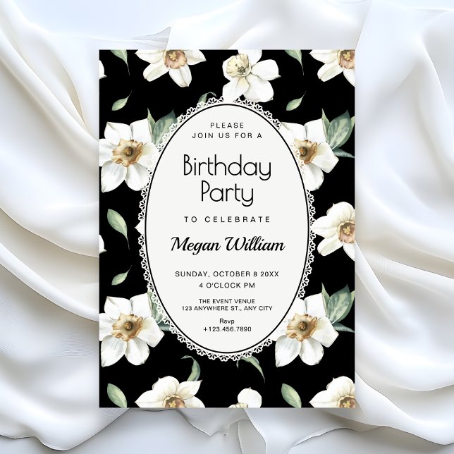 Black and white flowers birthday invitation (Creator Uploaded)