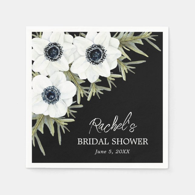 Black and White Flowers Bridal Shower Napkin (Front)