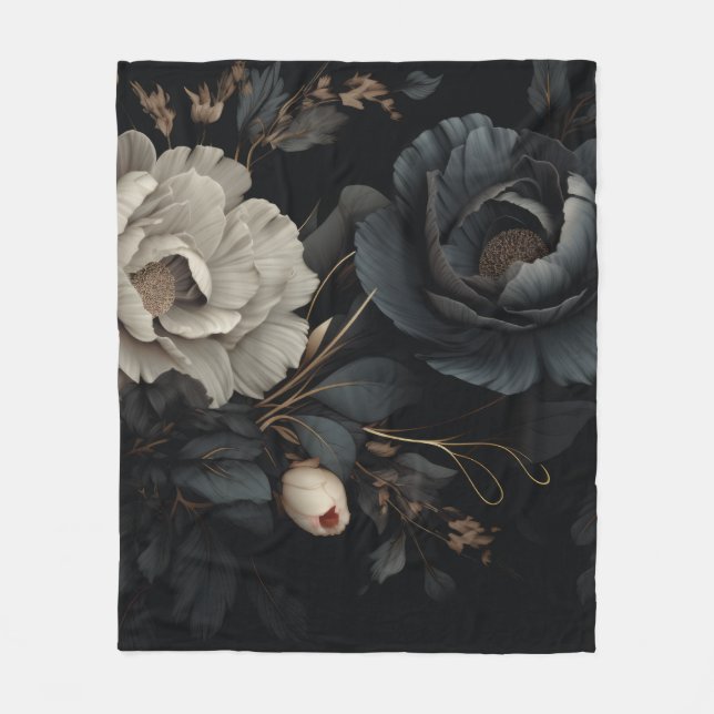 Black and White Flowers Fleece Blanket (Front)