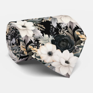 Black and White Flowers Floral Neck Tie