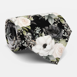 Black and White Flowers Floral Neck Tie