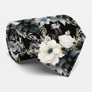 Black and White Flowers Floral Neck Tie