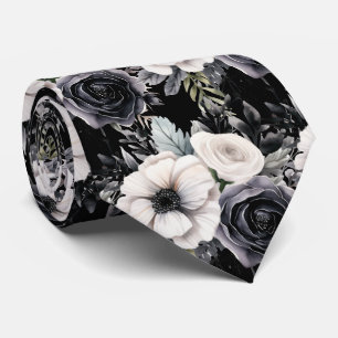 Black and White Flowers Floral Neck Tie