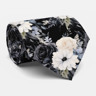 Black and White Flowers Floral Neck Tie