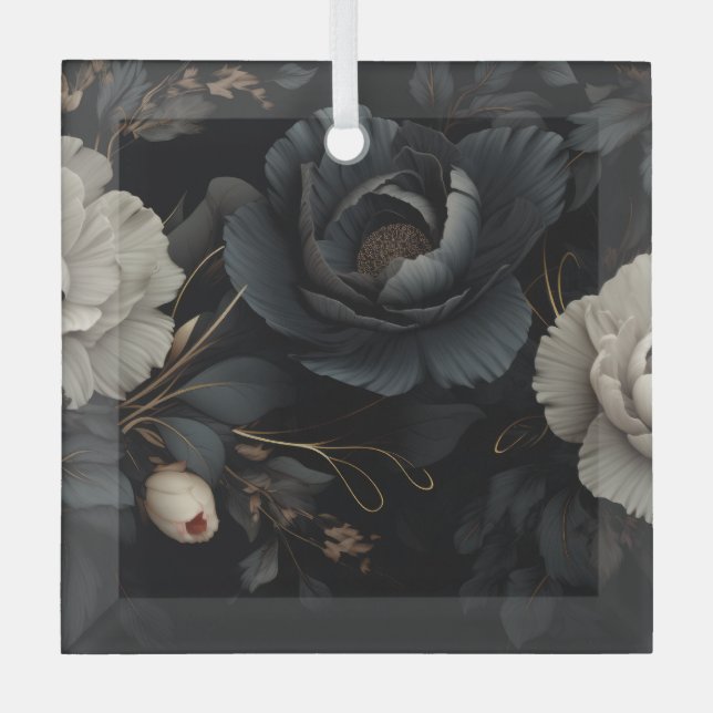 Black and White Flowers Glass Tree Decoration (Front)