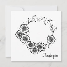 Black and White Flowers hand drawn thank you Card