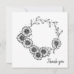 Black and White Flowers hand drawn thank you Card