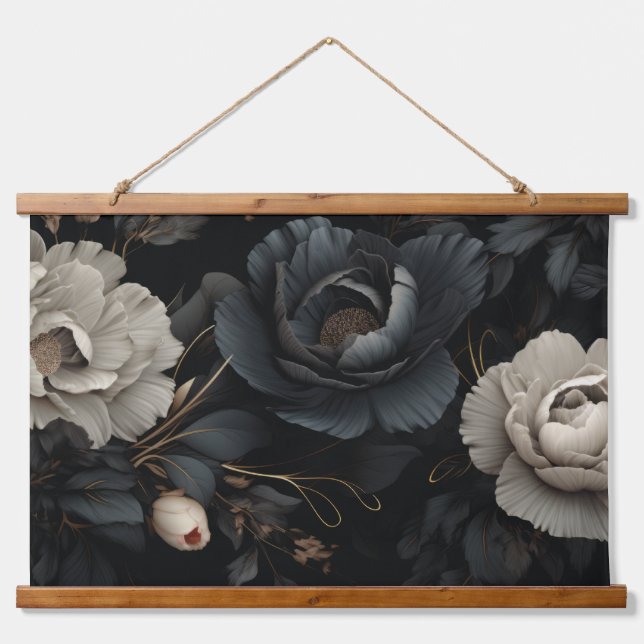 Black and White Flowers Hanging Tapestry (Front)