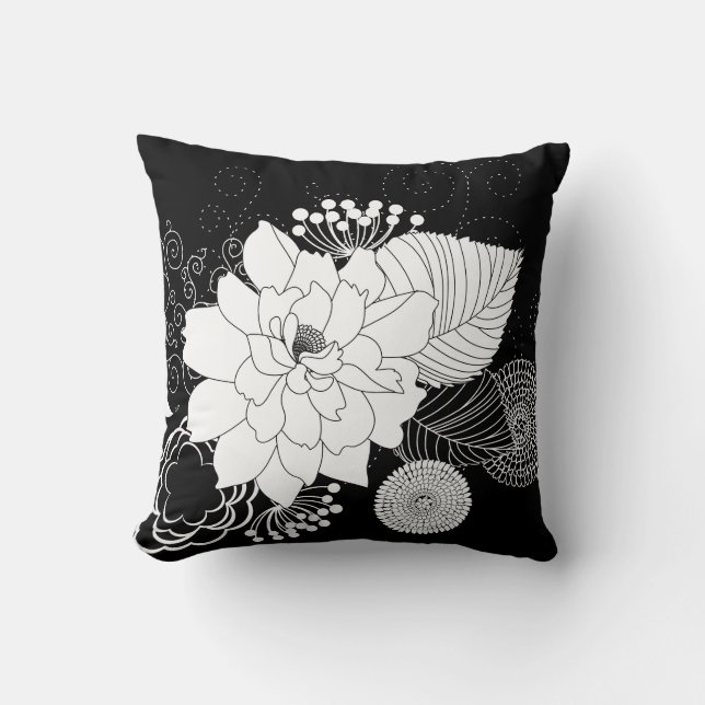 Black And White Flowers On A Black Background Cushion (Front)