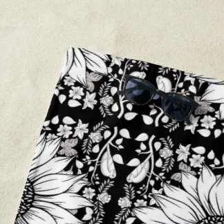 Black and White Flowers Pattern Beach Towel