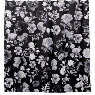 Black and White Flowers Pattern Shower Curtain