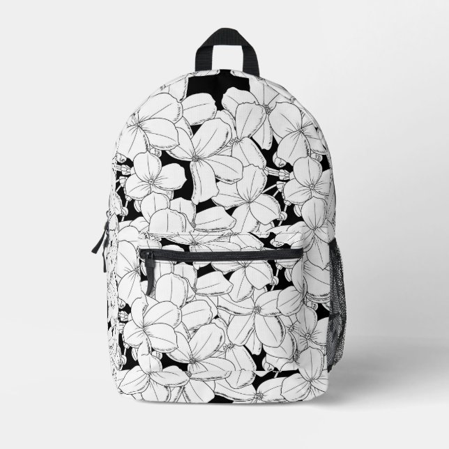 Black and White Flowers Phlox Pattern Printed Backpack (Front)