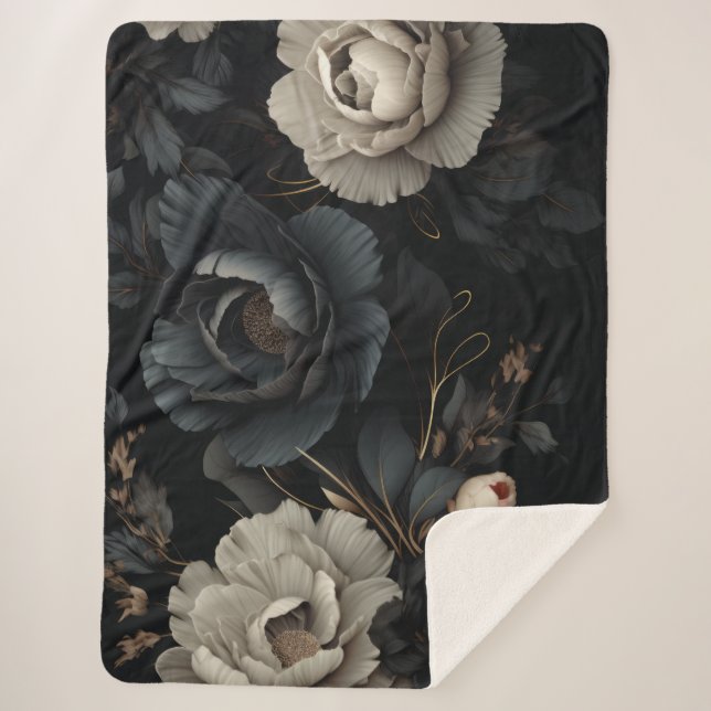 Black and White Flowers Sherpa Blanket (Front)