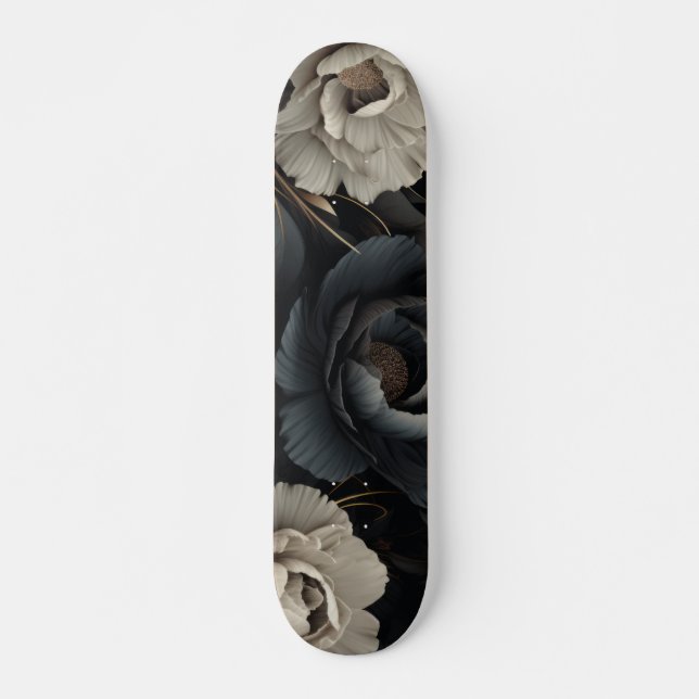 Black and White Flowers Skateboard (Front)