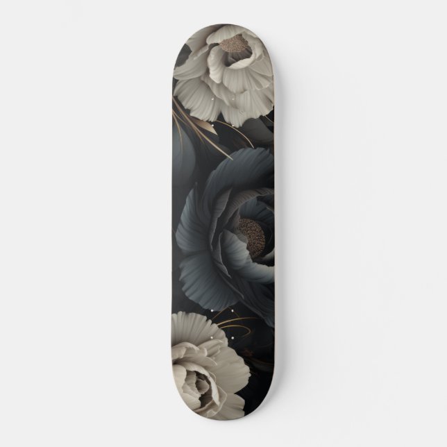 Black and White Flowers Skateboard (Front)
