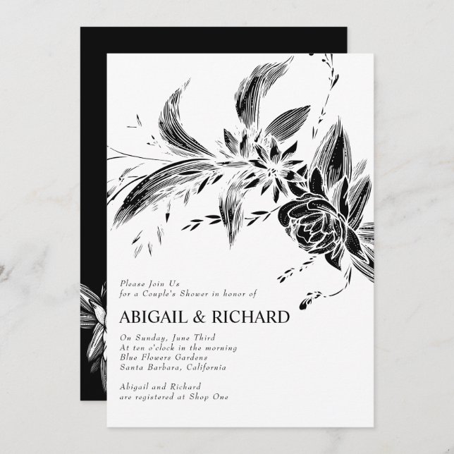 Black and white flowers wedding couples shower invitation (Front/Back)