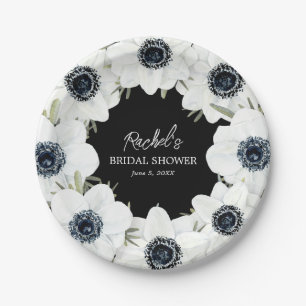 Black and White Flowers Wedding Paper Plate
