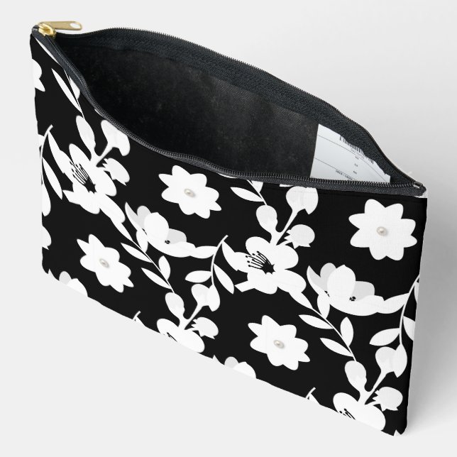 Black and White Flowers With Pearls Accessory Pouch (Open)