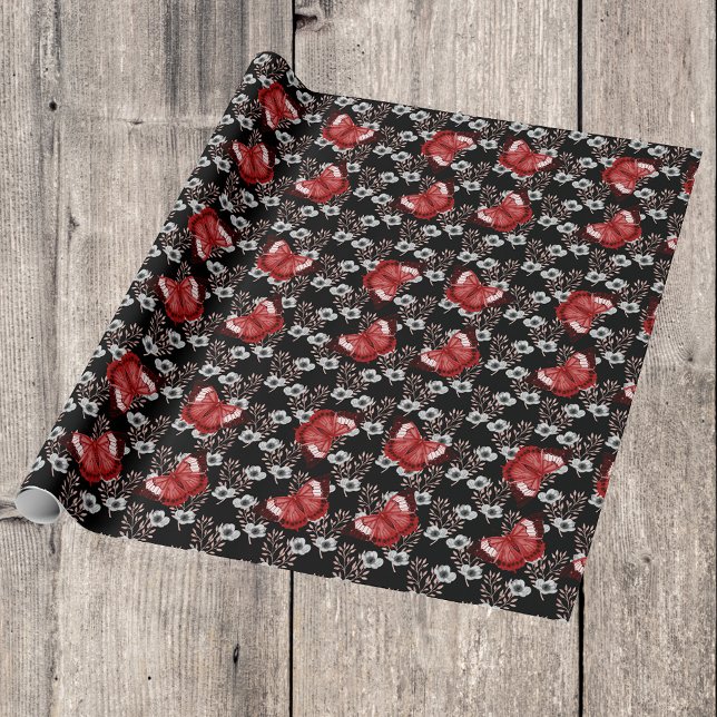Black and White Flowers With Red Butterflies Wrapping Paper (Creator Uploaded)