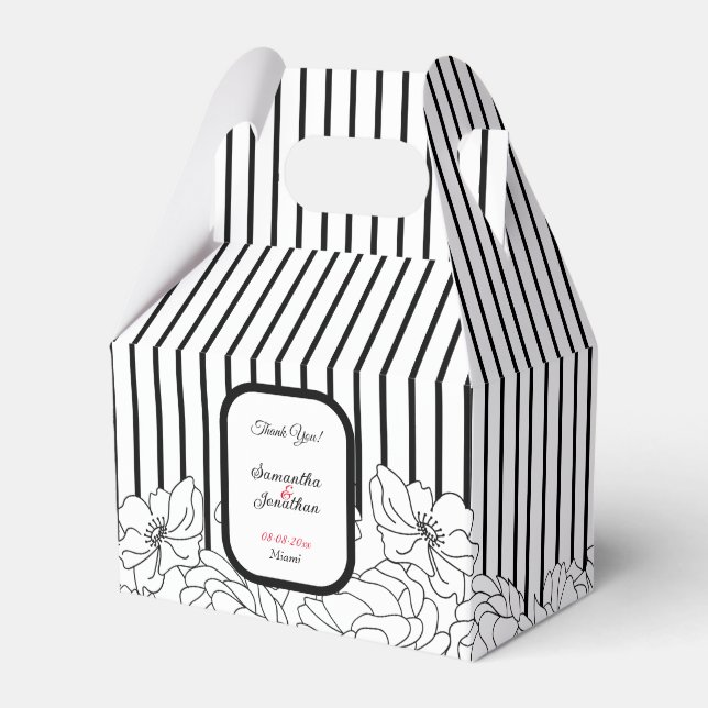 Black and White Flowers with Stripes Favour Box (Front Side)