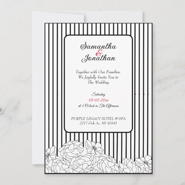 Black and White Flowers with Stripes Wedding Invitation (Front)