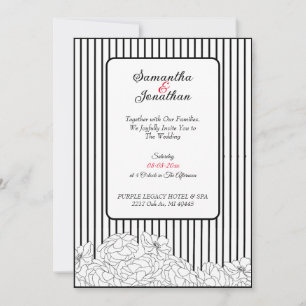 Black and White Flowers with Stripes Wedding Invitation