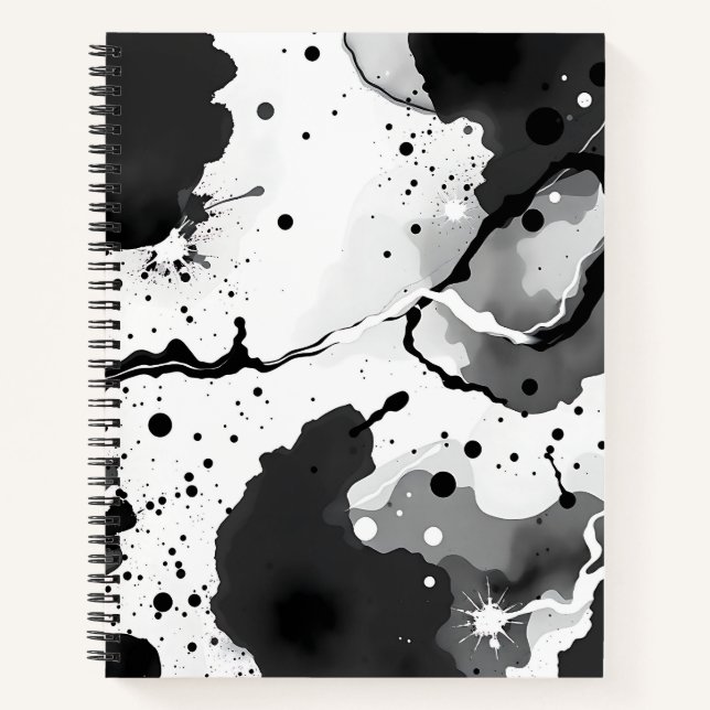 Black and White Fluid Ink Patterns with Splatters Notebook (Front)