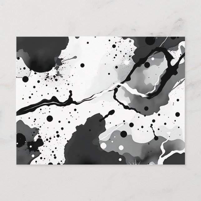 Black and White Fluid Ink Patterns with Splatters Postcard (Front)