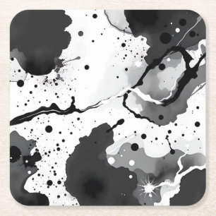 Black and White Fluid Ink Patterns with Splatters Square Paper Coaster