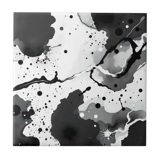 Black and White Fluid Ink Patterns with Splatters Tile (Front)