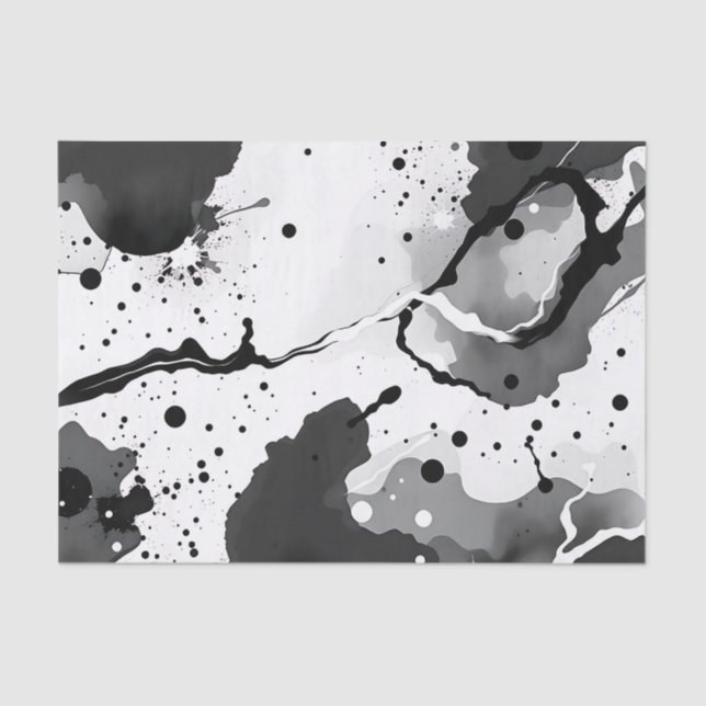 Black and White Fluid Ink Patterns with Splatters Tissue Paper (Front)