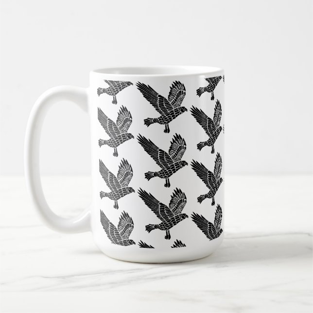 Black and White Flying Raven Lino Cut Coffee Mug (Left)