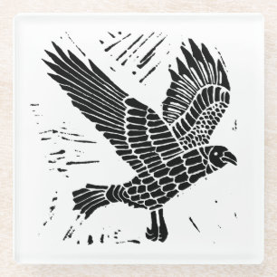 Black and White Flying Raven Lino Cut Glass Coaster