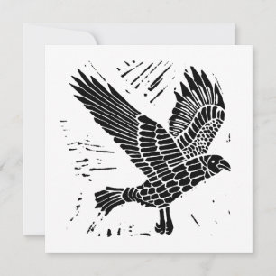 Black and White Flying Raven Lino Cut Holiday Card