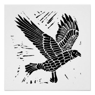 Black and White Flying Raven Lino Cut Poster