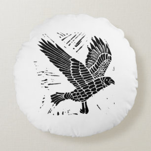 Black and White Flying Raven Lino Cut Round Cushion
