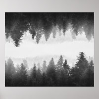 Black and white foggy mirrored forest