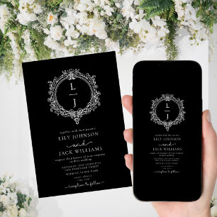 black and white foliage Crest wedding invitation