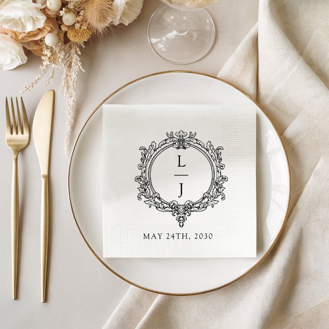 black and white foliage Crest wedding Napkin (Creator Uploaded)