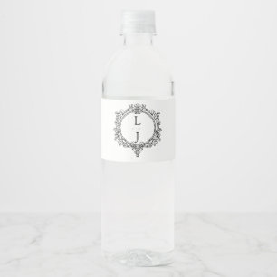 black and white foliage Crest wedding Water Bottle Label